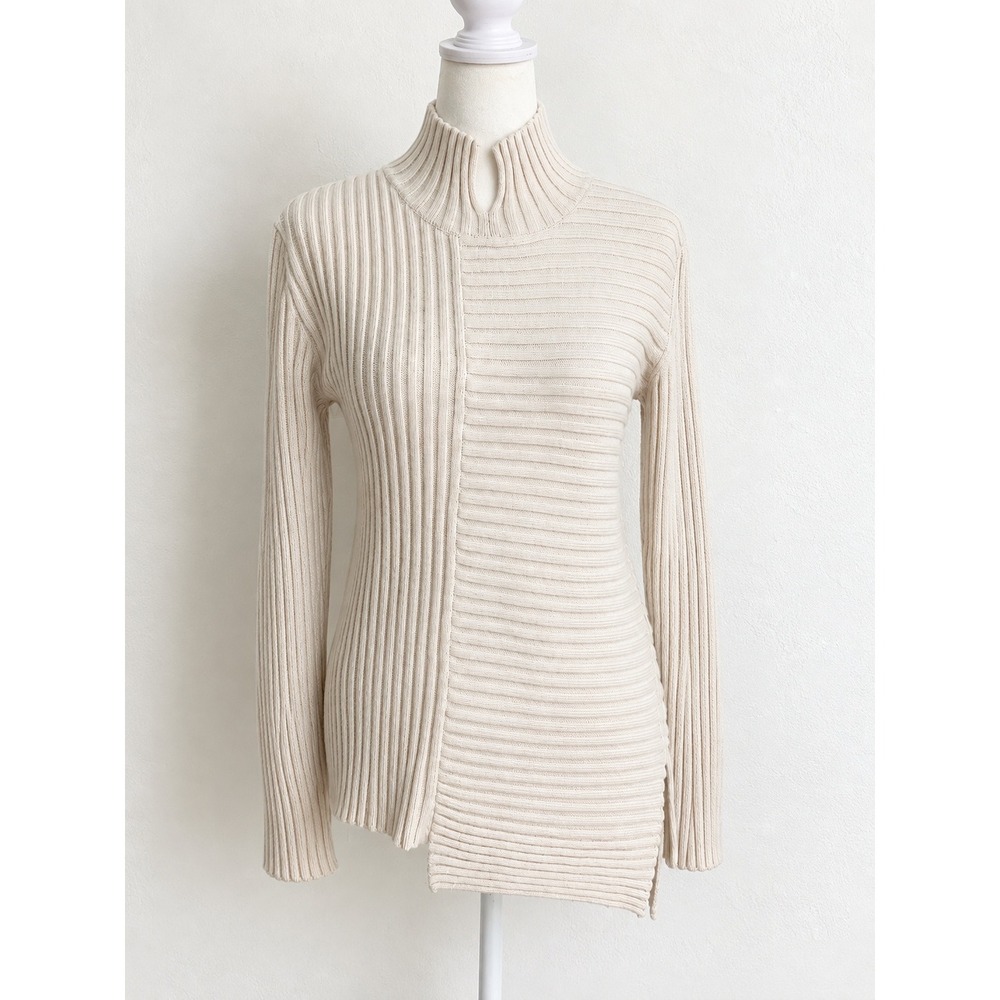 CAbi Cream D Ring Pullover Ribbed Sweater Cream 3363 Asymmetric Hem Mock Neck